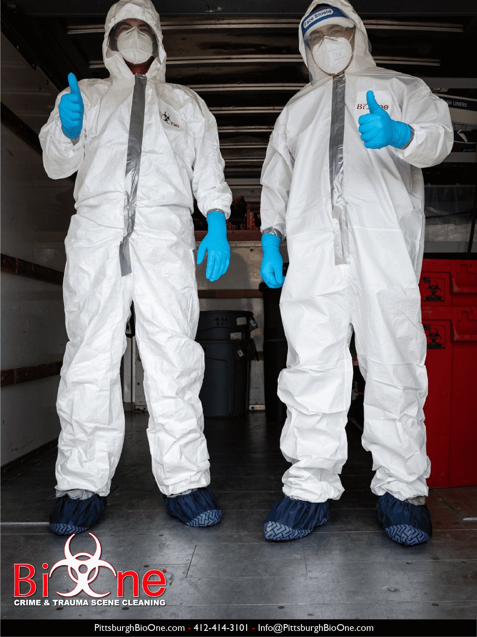 Image shows Bio-One technicians fully dressed with PPE.
